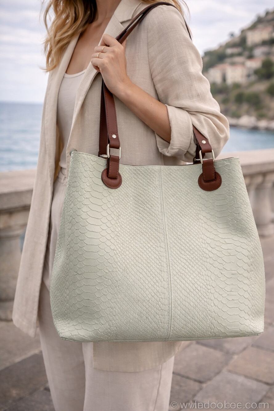 Italian Leather Snakeskin Embossed Tote pale green soft Brown Handle Italy Bag